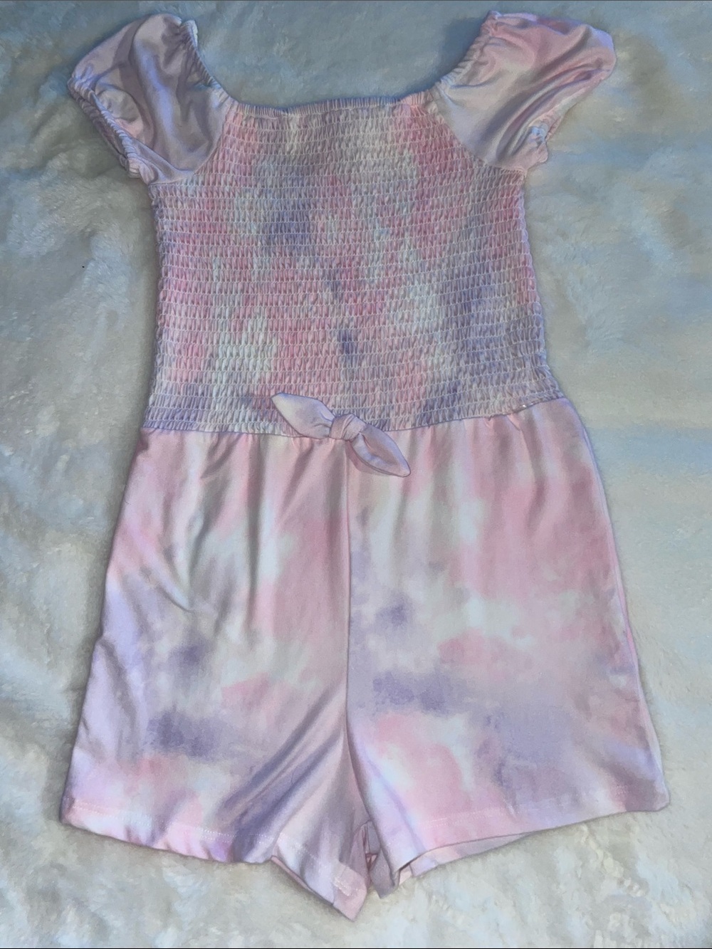 btween girls’ size 6 pink/purple/white pastel stretch romper with smocked top